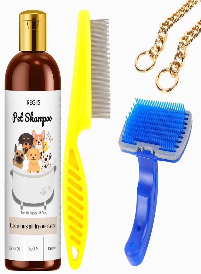 REGIIS Pet Shampoo Kit, 200 ML Luxurious All-in-One Wash with Kernal Oil and Keratin, Blue Self-Cleaning Brush, Yellow Flea Comb, Gold Chain for Dogs(4 Pack) - Image 1